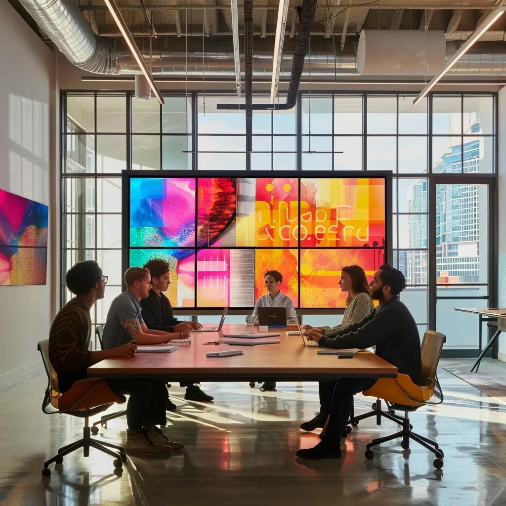 a dynamic, modern office space showcases a brainstorming session with diverse web designers collaborating around a sleek table, colorful digital screens displaying vibrant design mockups illuminating the room.